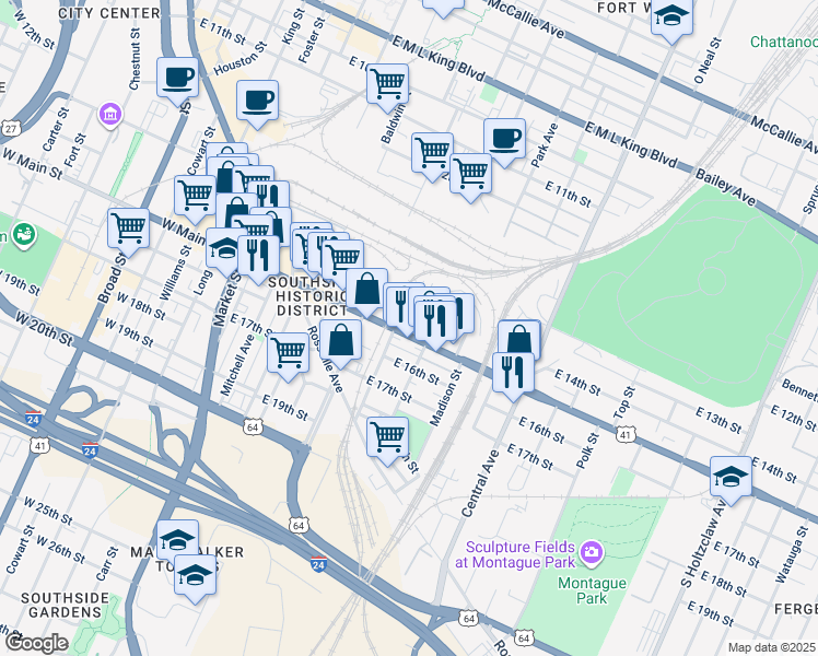 map of restaurants, bars, coffee shops, grocery stores, and more near 1427 Jefferson Street in Chattanooga