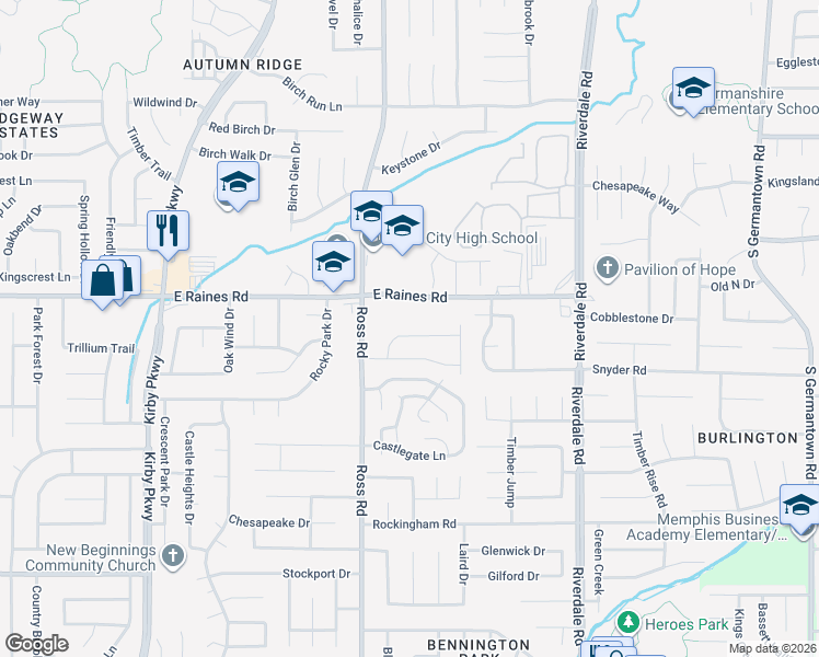 map of restaurants, bars, coffee shops, grocery stores, and more near 4175 Tunbridge Place in Memphis