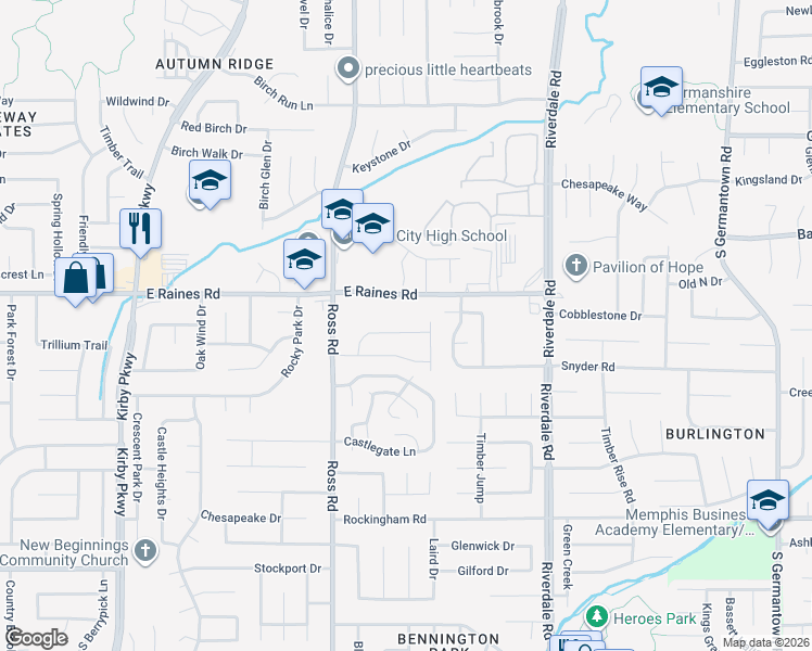 map of restaurants, bars, coffee shops, grocery stores, and more near 4119 Tunbridge Place in Memphis