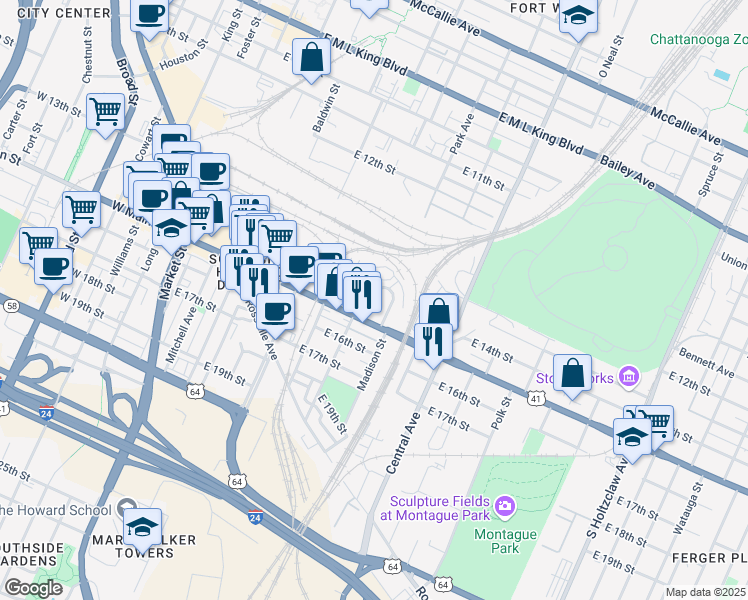 map of restaurants, bars, coffee shops, grocery stores, and more near 1410 Park Avenue in Chattanooga