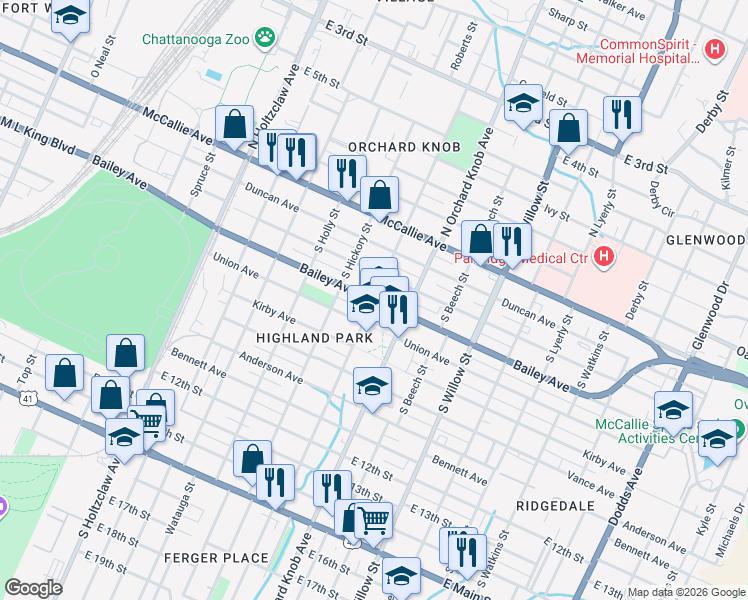 map of restaurants, bars, coffee shops, grocery stores, and more near 1800 Bailey Avenue in Chattanooga