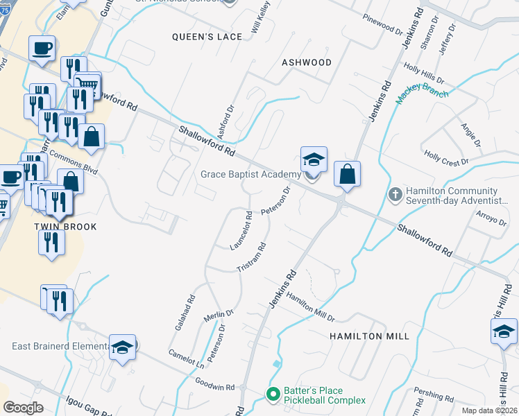 map of restaurants, bars, coffee shops, grocery stores, and more near 2305 Peterson Drive in Chattanooga