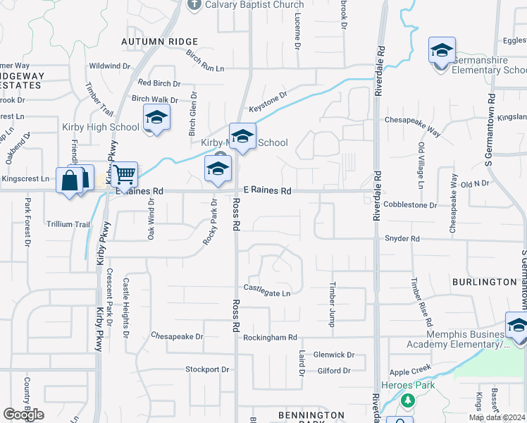 map of restaurants, bars, coffee shops, grocery stores, and more near 4183 Tunbridge Place in Memphis