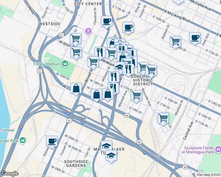 map of restaurants, bars, coffee shops, grocery stores, and more near 1718 Long Street in Chattanooga