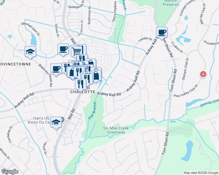 map of restaurants, bars, coffee shops, grocery stores, and more near 12109 Landing Green Drive in Charlotte