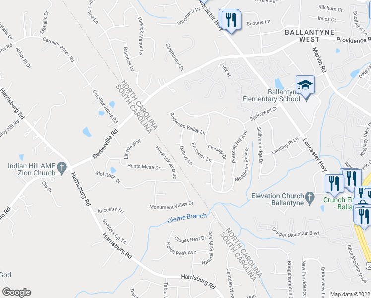map of restaurants, bars, coffee shops, grocery stores, and more near 13813 Daltrey Lane in Charlotte