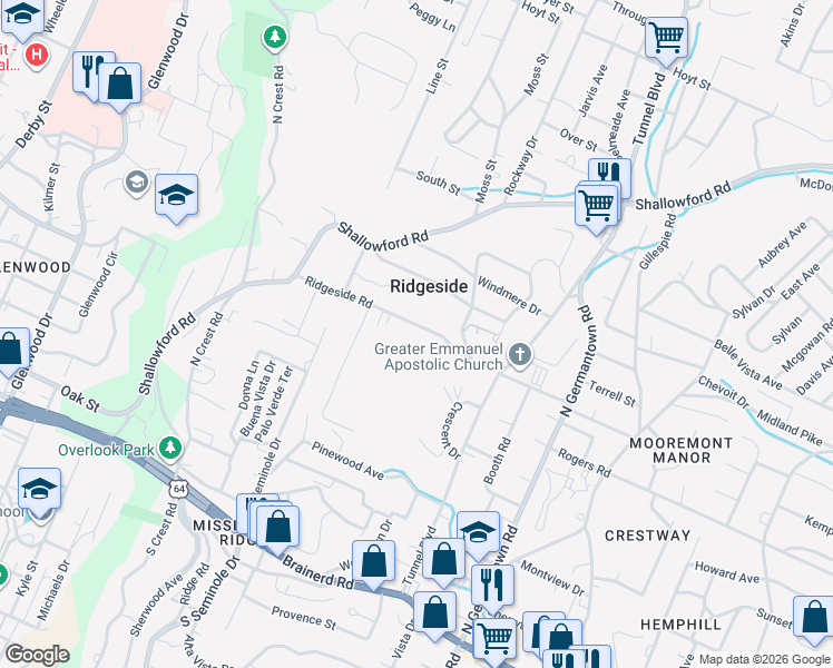 map of restaurants, bars, coffee shops, grocery stores, and more near 122 Ridgeside Road in Chattanooga