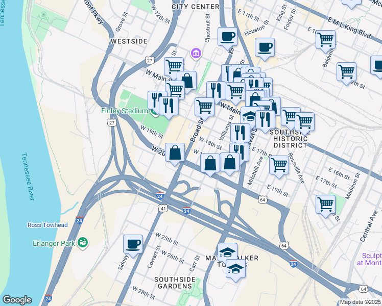 map of restaurants, bars, coffee shops, grocery stores, and more near 1900 Broad Street in Chattanooga