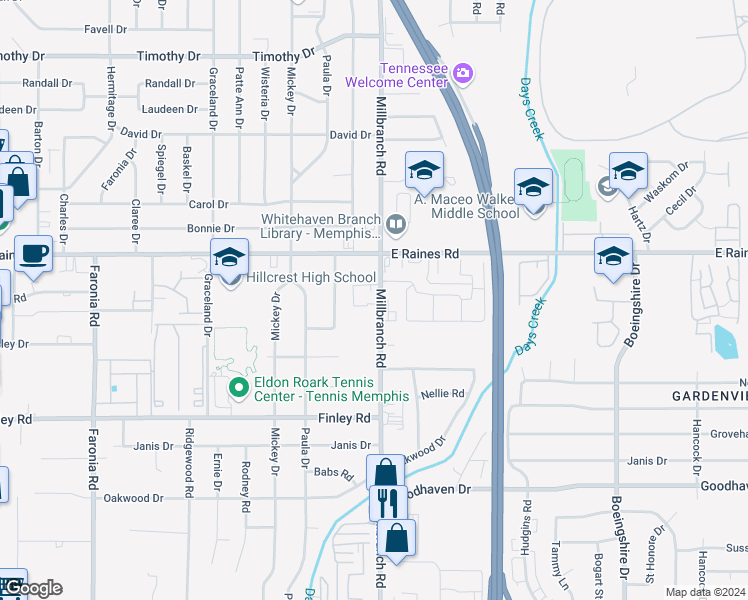 map of restaurants, bars, coffee shops, grocery stores, and more near 4203 Millbranch Road in Memphis