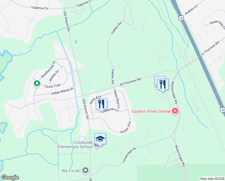 map of restaurants, bars, coffee shops, grocery stores, and more near 3100 Drew Avenue in New Bern