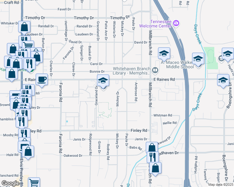 map of restaurants, bars, coffee shops, grocery stores, and more near 4201 Mickey Drive in Memphis