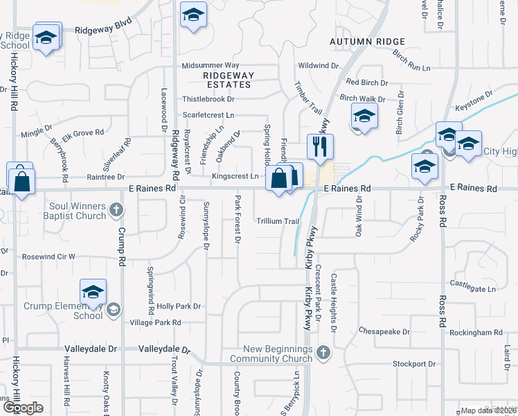 map of restaurants, bars, coffee shops, grocery stores, and more near 6350 Trillium Trail in Memphis