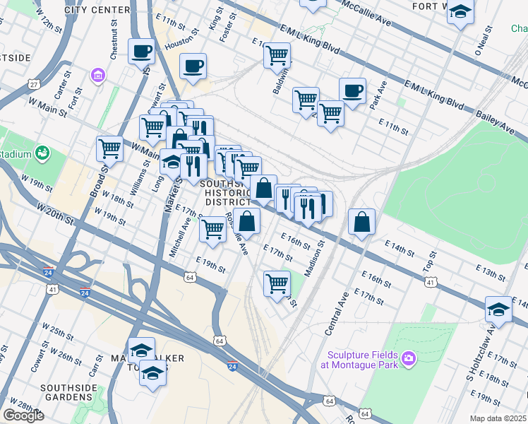 map of restaurants, bars, coffee shops, grocery stores, and more near in Chattanooga