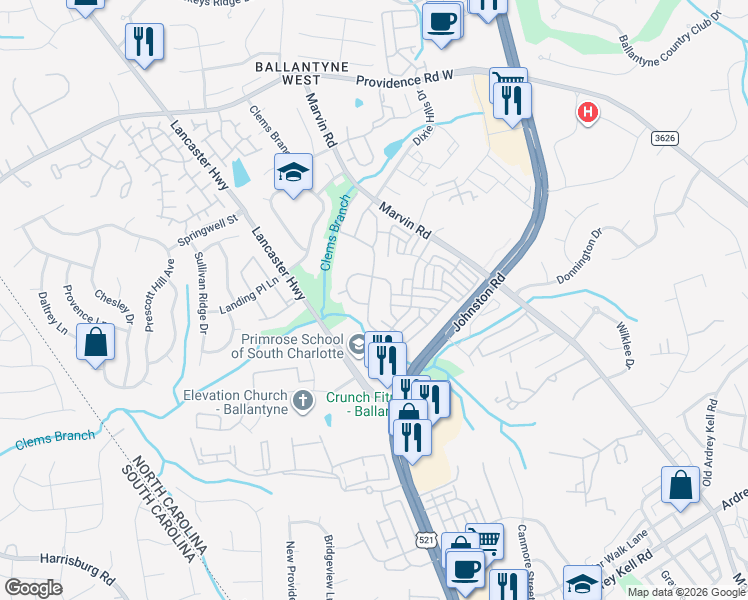 map of restaurants, bars, coffee shops, grocery stores, and more near 12007 Royal Castle Court in Charlotte