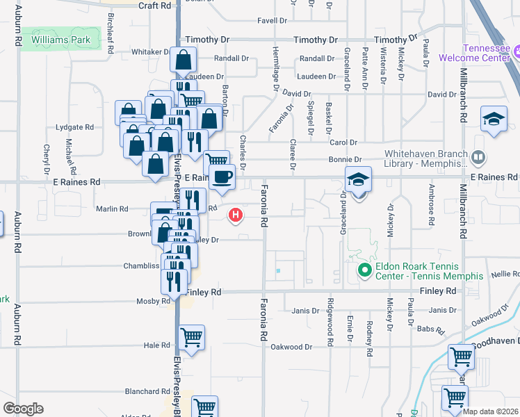 map of restaurants, bars, coffee shops, grocery stores, and more near 4180 Faronia Road in Memphis
