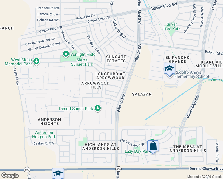 map of restaurants, bars, coffee shops, grocery stores, and more near 9905 Tintara Avenue Southwest in Albuquerque