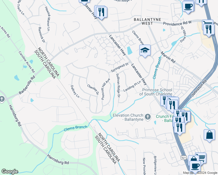 map of restaurants, bars, coffee shops, grocery stores, and more near 12330 McAllister Park Drive in Charlotte