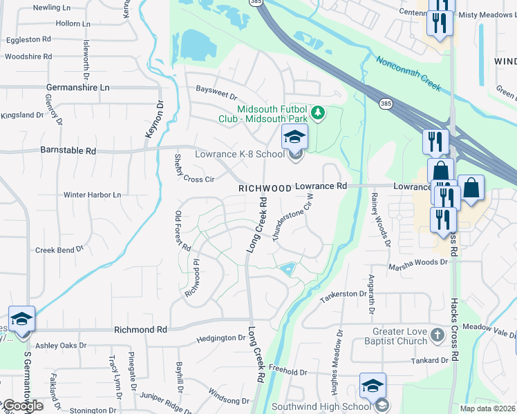 map of restaurants, bars, coffee shops, grocery stores, and more near 4195 Long Creek Road in Memphis