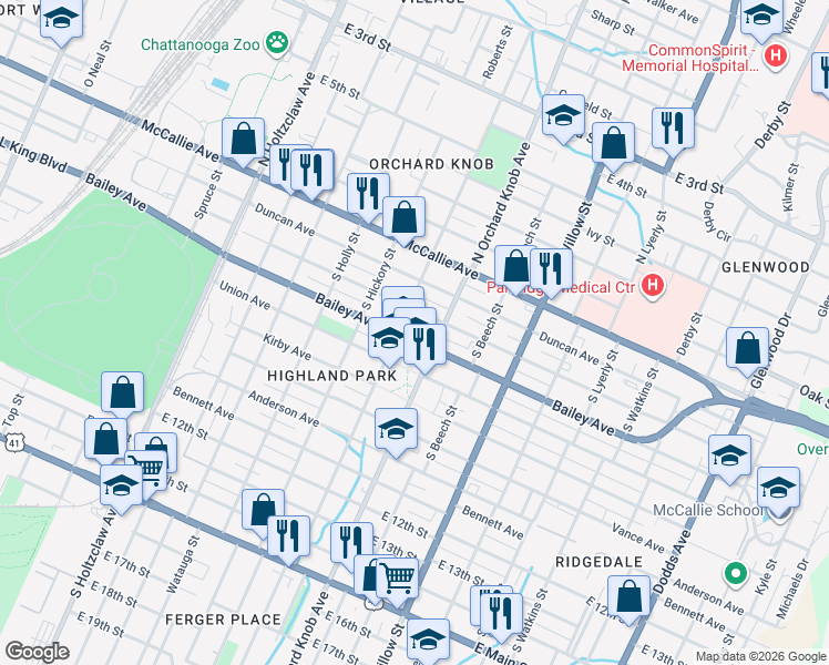 map of restaurants, bars, coffee shops, grocery stores, and more near 1801 Bailey Avenue in Chattanooga