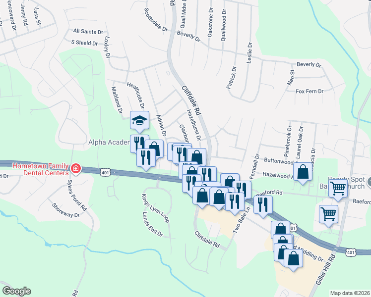 map of restaurants, bars, coffee shops, grocery stores, and more near 7894 Uriah Drive in Fayetteville