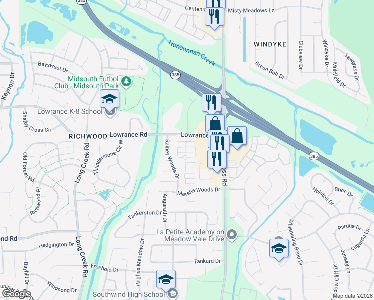map of restaurants, bars, coffee shops, grocery stores, and more near 7917 Bay Meadow Circle North in Memphis