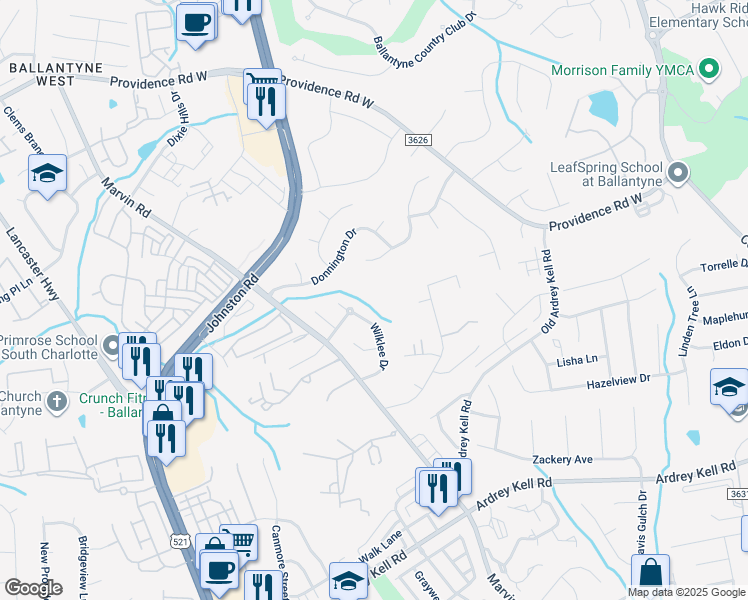 map of restaurants, bars, coffee shops, grocery stores, and more near 10805 Wilklee Drive in Charlotte