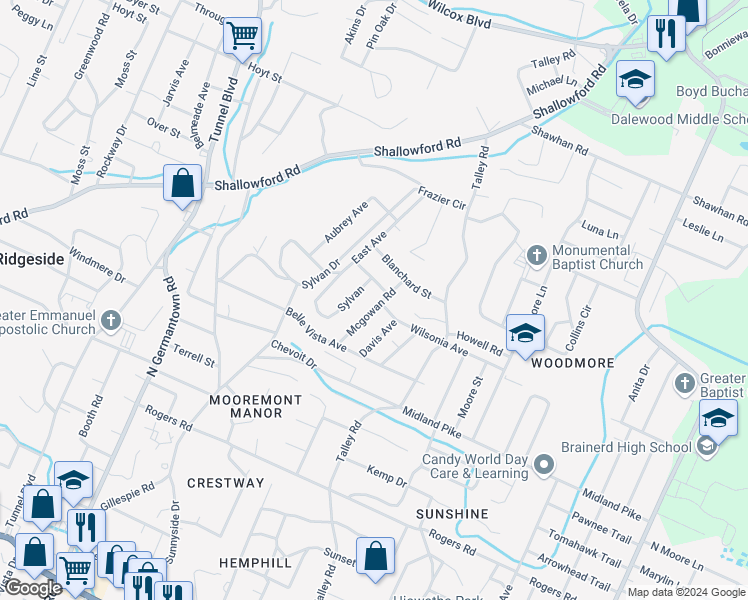 map of restaurants, bars, coffee shops, grocery stores, and more near 729 Mcgowan Road in Chattanooga