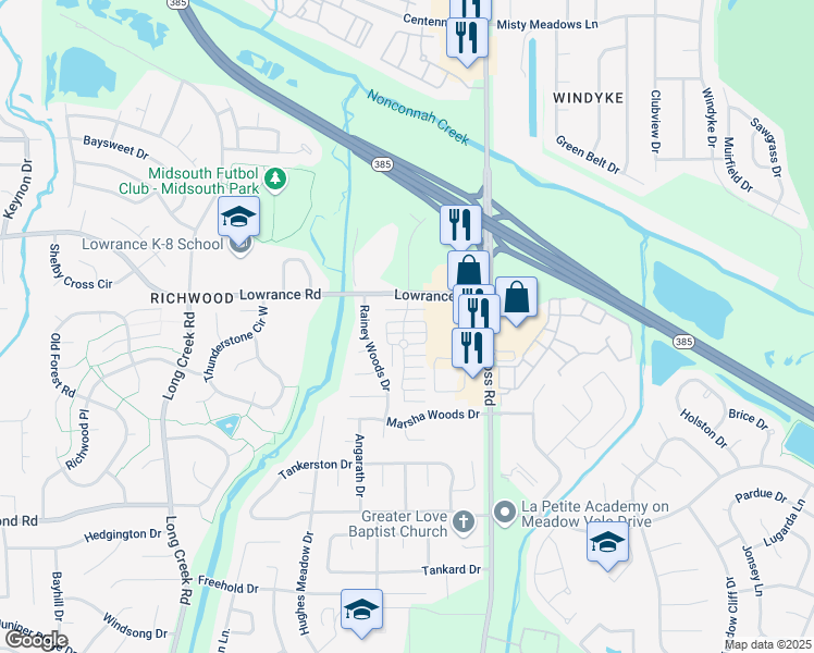 map of restaurants, bars, coffee shops, grocery stores, and more near 7491 Bay Meadow Circle North in Memphis