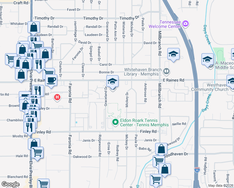 map of restaurants, bars, coffee shops, grocery stores, and more near 4184 Graceland Drive in Memphis