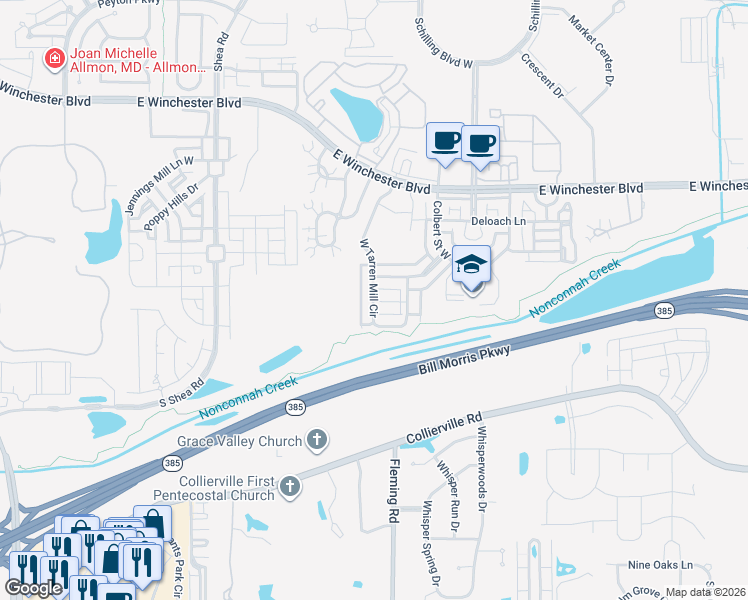map of restaurants, bars, coffee shops, grocery stores, and more near 436 West Tarren Mill Circle in Collierville