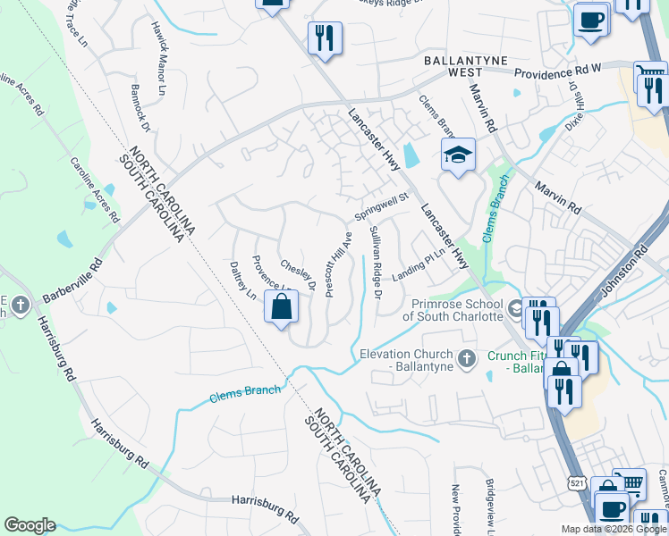 map of restaurants, bars, coffee shops, grocery stores, and more near 15625 Prescott Hill Avenue in Charlotte