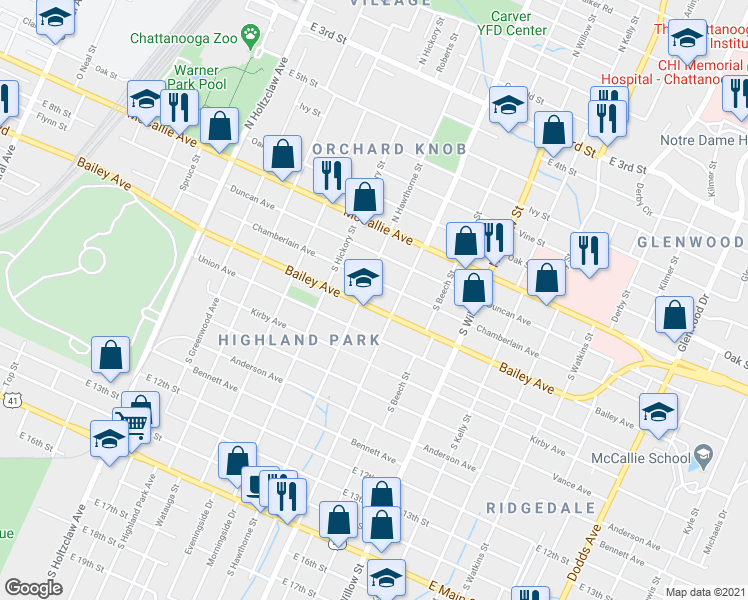 map of restaurants, bars, coffee shops, grocery stores, and more near 1807 Bailey Avenue in Chattanooga