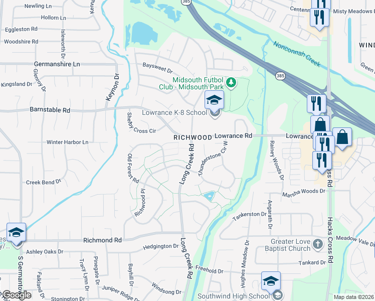 map of restaurants, bars, coffee shops, grocery stores, and more near 4195 Long Creek Road in Memphis