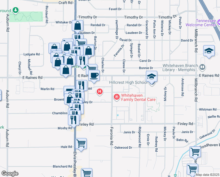 map of restaurants, bars, coffee shops, grocery stores, and more near 4180 Faronia Road in Memphis