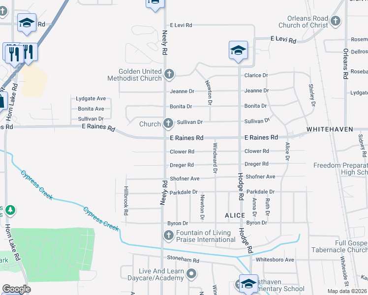 map of restaurants, bars, coffee shops, grocery stores, and more near 304 Clower Road in Memphis