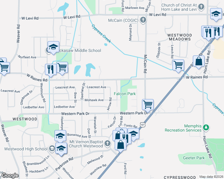 map of restaurants, bars, coffee shops, grocery stores, and more near 4201 Falcon Drive in Memphis