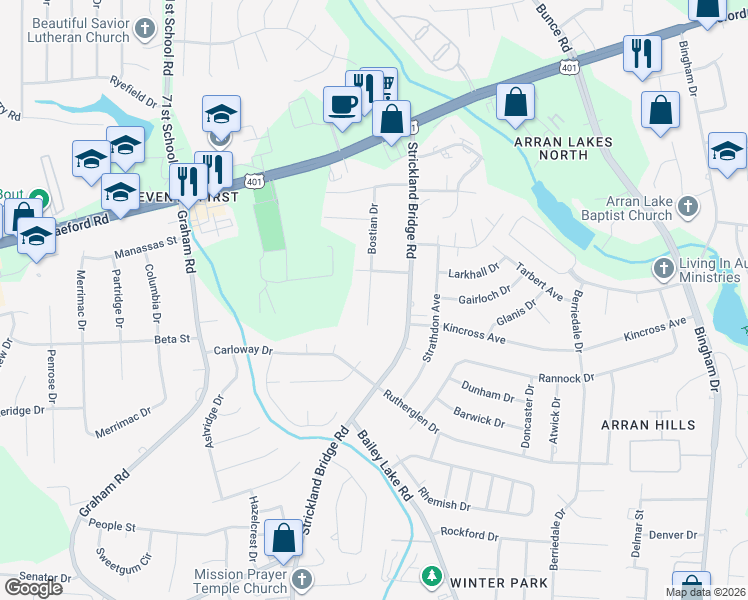 map of restaurants, bars, coffee shops, grocery stores, and more near 1313 Bostian Drive in Fayetteville