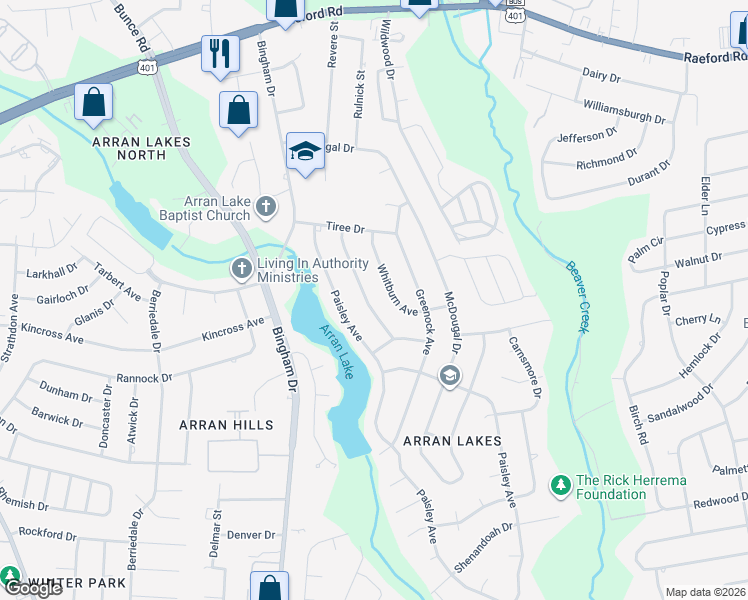 map of restaurants, bars, coffee shops, grocery stores, and more near 1437 Keswick Drive in Fayetteville