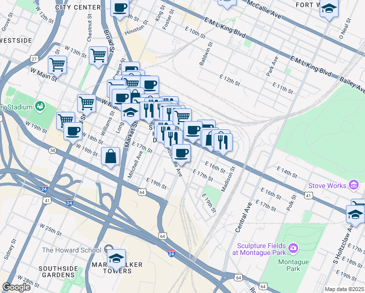 map of restaurants, bars, coffee shops, grocery stores, and more near 1518 Rossville Avenue in Chattanooga