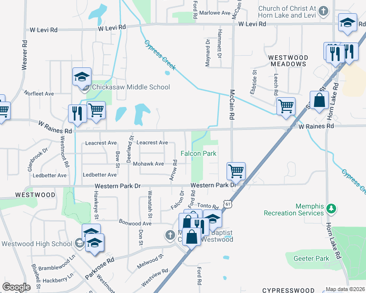map of restaurants, bars, coffee shops, grocery stores, and more near 4201 Falcon Drive in Memphis