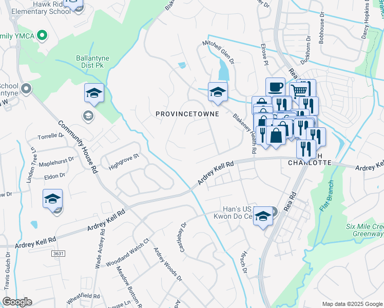 map of restaurants, bars, coffee shops, grocery stores, and more near 8804 Stags Leap Court in Charlotte