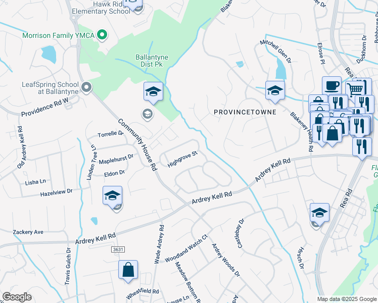 map of restaurants, bars, coffee shops, grocery stores, and more near 8509 Highgrove Street in Charlotte