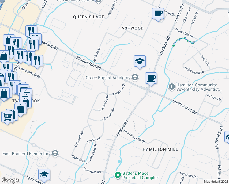 map of restaurants, bars, coffee shops, grocery stores, and more near 2305 Peterson Drive in Chattanooga