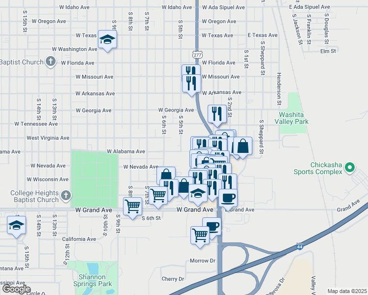 map of restaurants, bars, coffee shops, grocery stores, and more near 1627 South 5th Street in Chickasha
