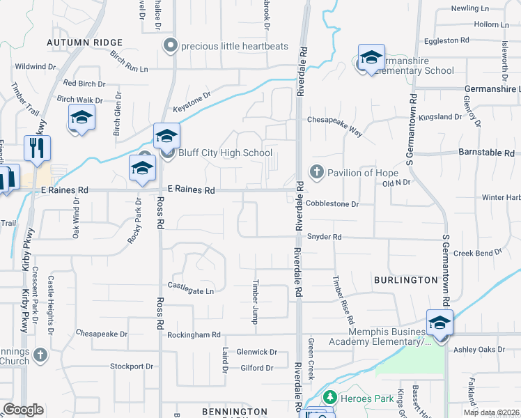 map of restaurants, bars, coffee shops, grocery stores, and more near 4184 Meadow Valley Drive East in Memphis