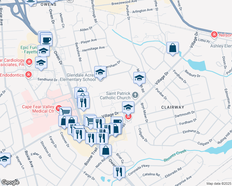 map of restaurants, bars, coffee shops, grocery stores, and more near 3258 Turtle Point Drive in Fayetteville