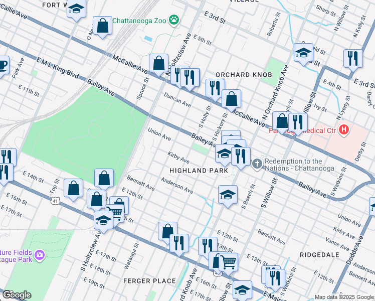 map of restaurants, bars, coffee shops, grocery stores, and more near 1516 Union Avenue in Chattanooga