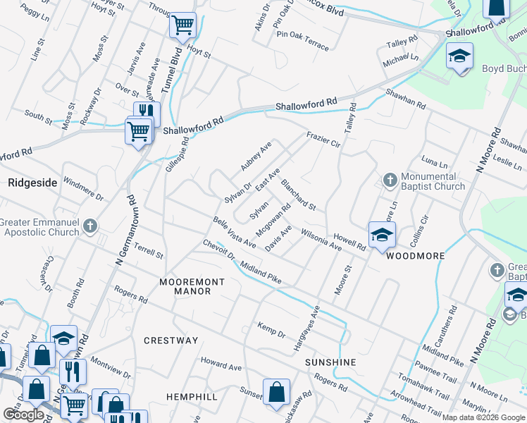 map of restaurants, bars, coffee shops, grocery stores, and more near 732 Sylvan Drive in Chattanooga