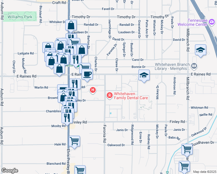 map of restaurants, bars, coffee shops, grocery stores, and more near 4180 Faronia Road in Memphis