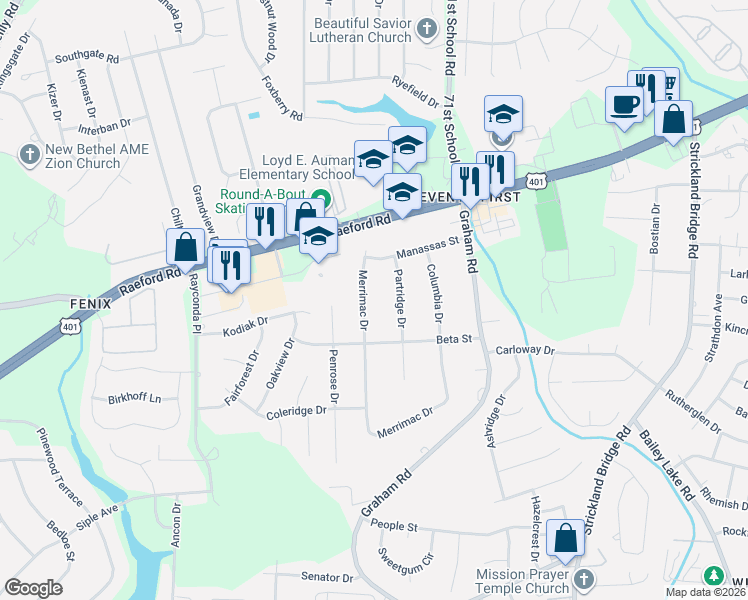 map of restaurants, bars, coffee shops, grocery stores, and more near 1921 Merrimac Drive in Fayetteville